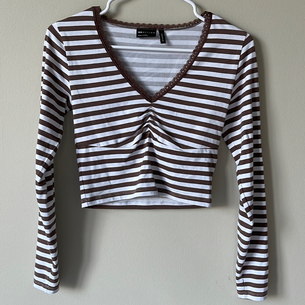 ASOS white and brown long sleeve striped top